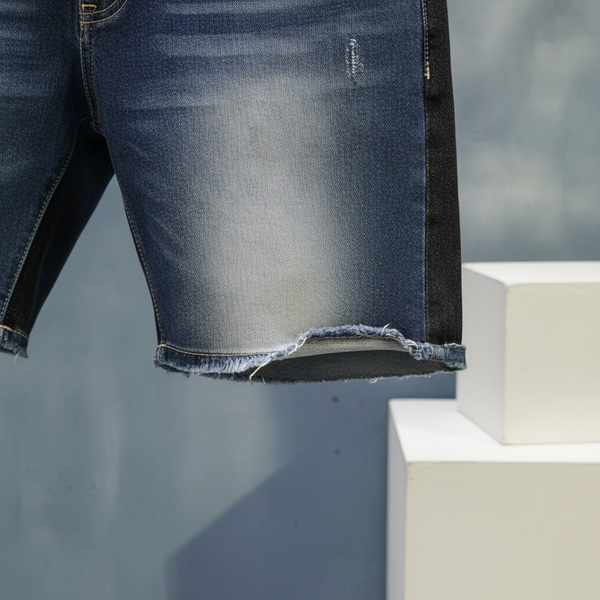 Close-up of a deep indigo denim short's raw hem, showing a reinforced, hidden lock-stitch for durability on an urban concrete