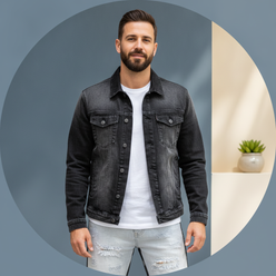 Portrait of Leon Brooks, a man with a short beard, wearing a washed black denim jacket and white t-shirt, against a clean bac