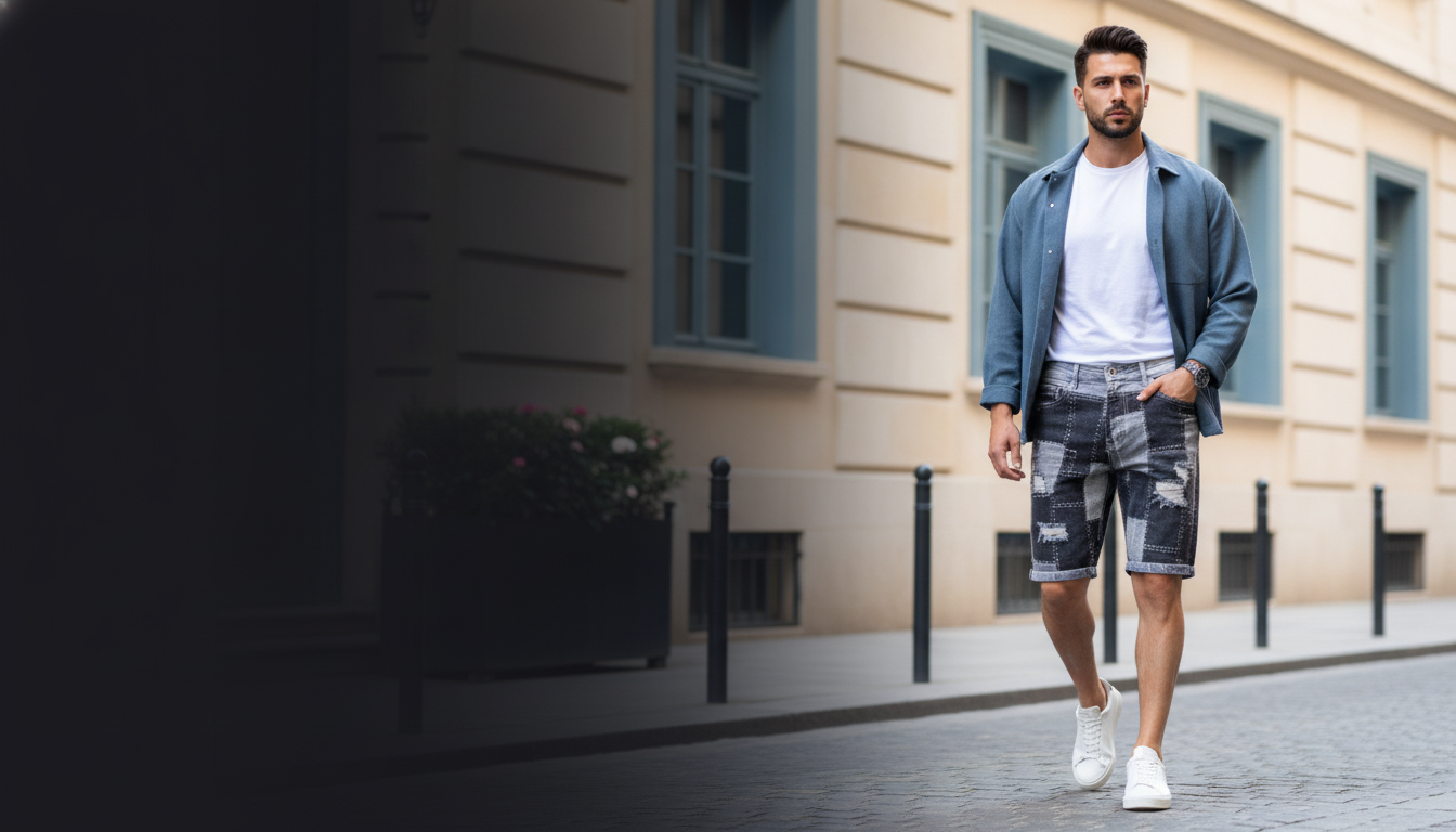A man in GRAVOX denim walks confidently on a city street, with blurred urban architecture in the background.
