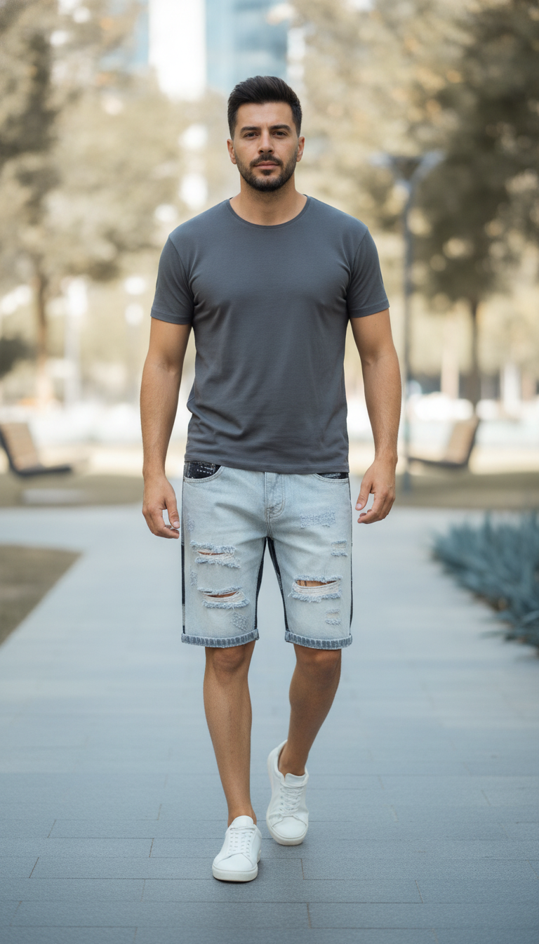 A man in faded blue "GRAVOX" denim jeans and a charcoal t-shirt walks through a modern urban park.