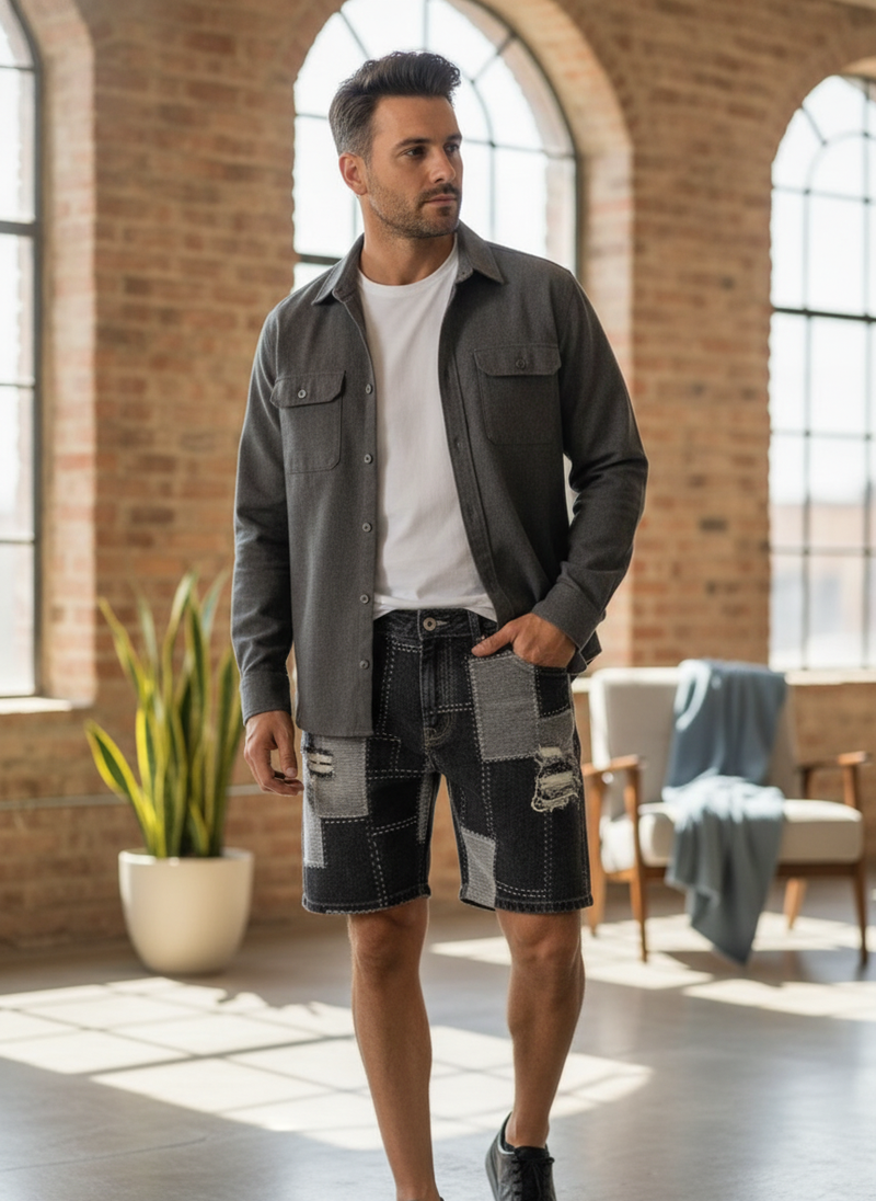 A confident man in a deep indigo GRAVOX denim and charcoal grey overshirt stands in a sunlit urban loft.