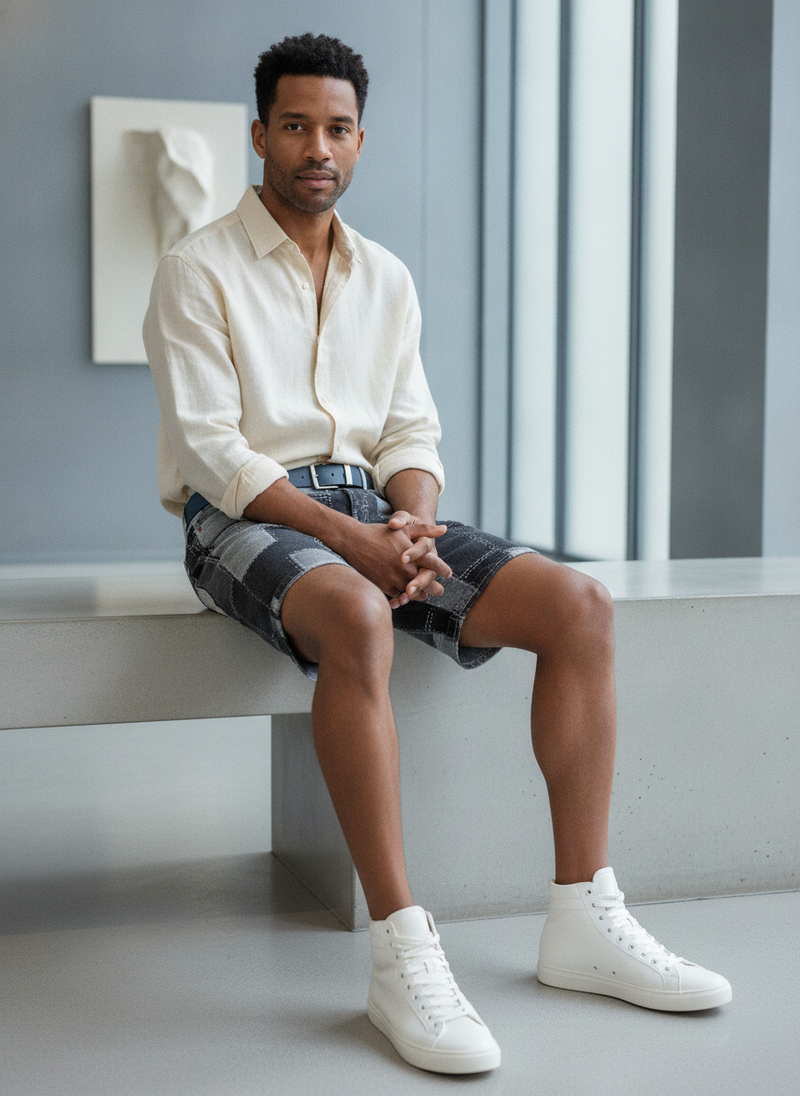 A man in premium denim jeans and a stylish top, standing confidently in an urban setting, showcasing the modern aesthetic.