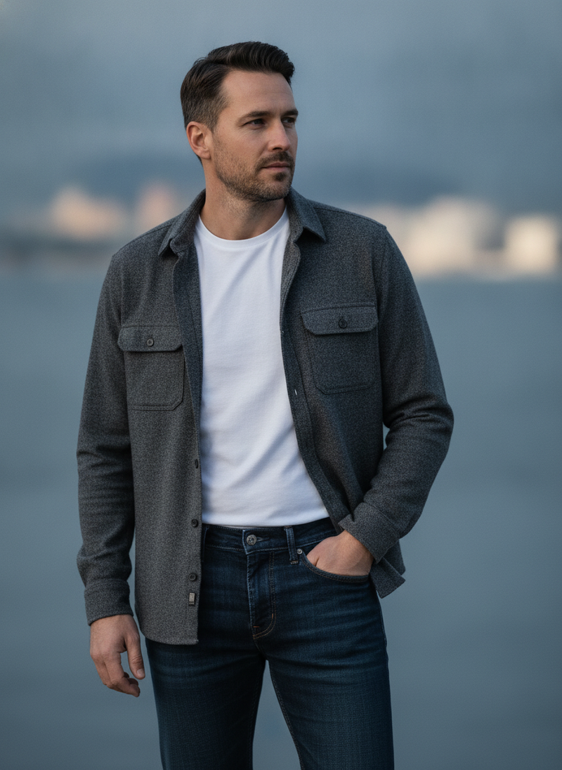 Man in deep indigo GRAVOX denim jeans, white t-shirt, and charcoal overshirt, standing confidently against a blurred urban ba