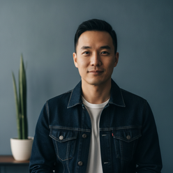 Portrait of Kobe Chen, an East Asian man, smiling subtly in premium streetwear against a clean background, conveying confiden