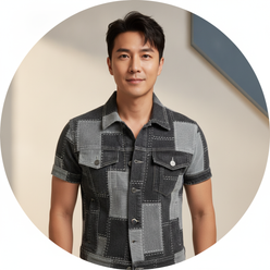 Portrait of male influencer David Choi, shoulders up, with a confident expression, wearing premium denim against a clean back